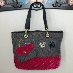 Betsey Johnson Gray Tweed & Pink Velvet Tote